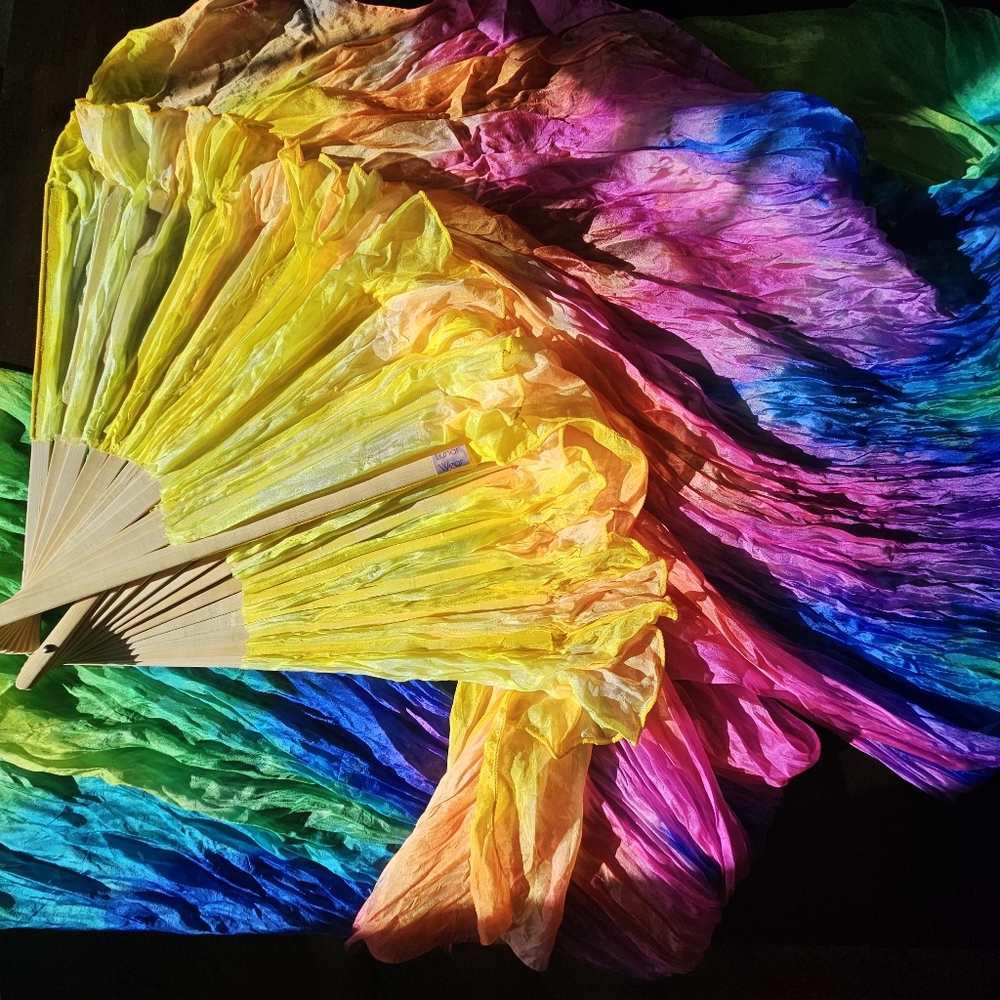2 Hand-Dyed Rainbow UV Reactive Silk Bellydance Flow Art Veil Fans